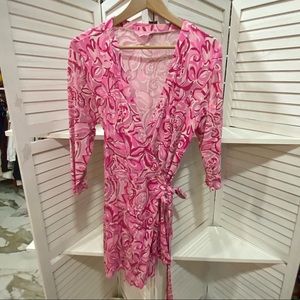 Lily Pulitzer pink wrap romper with waist tie